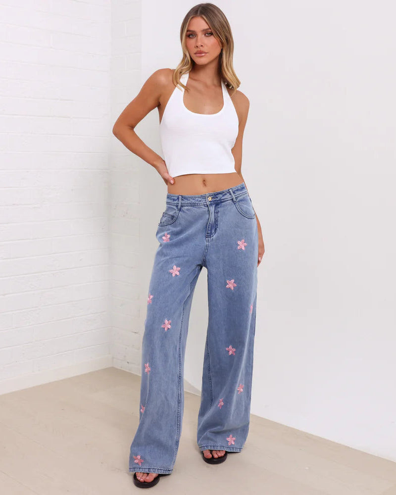 Straight Leg Embroidered Jean | Blossom Sky