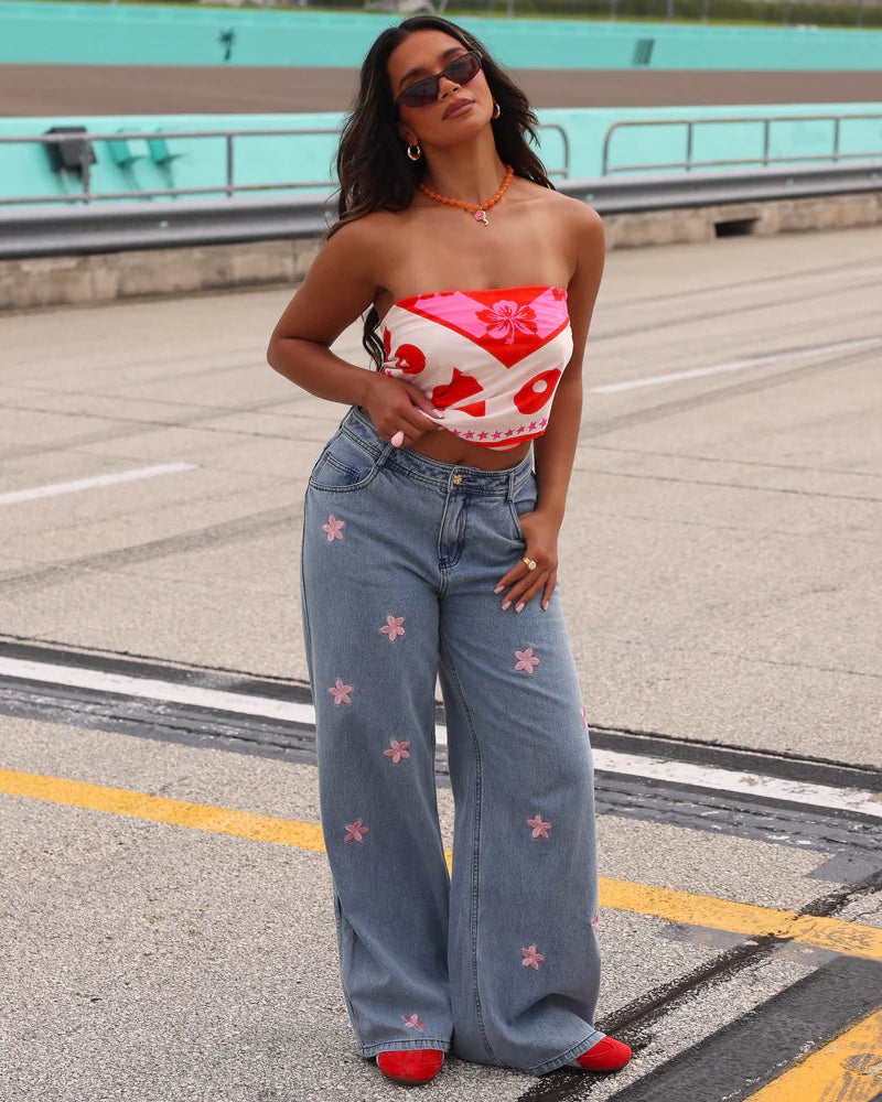 Straight Leg Embroidered Jean | Blossom Sky