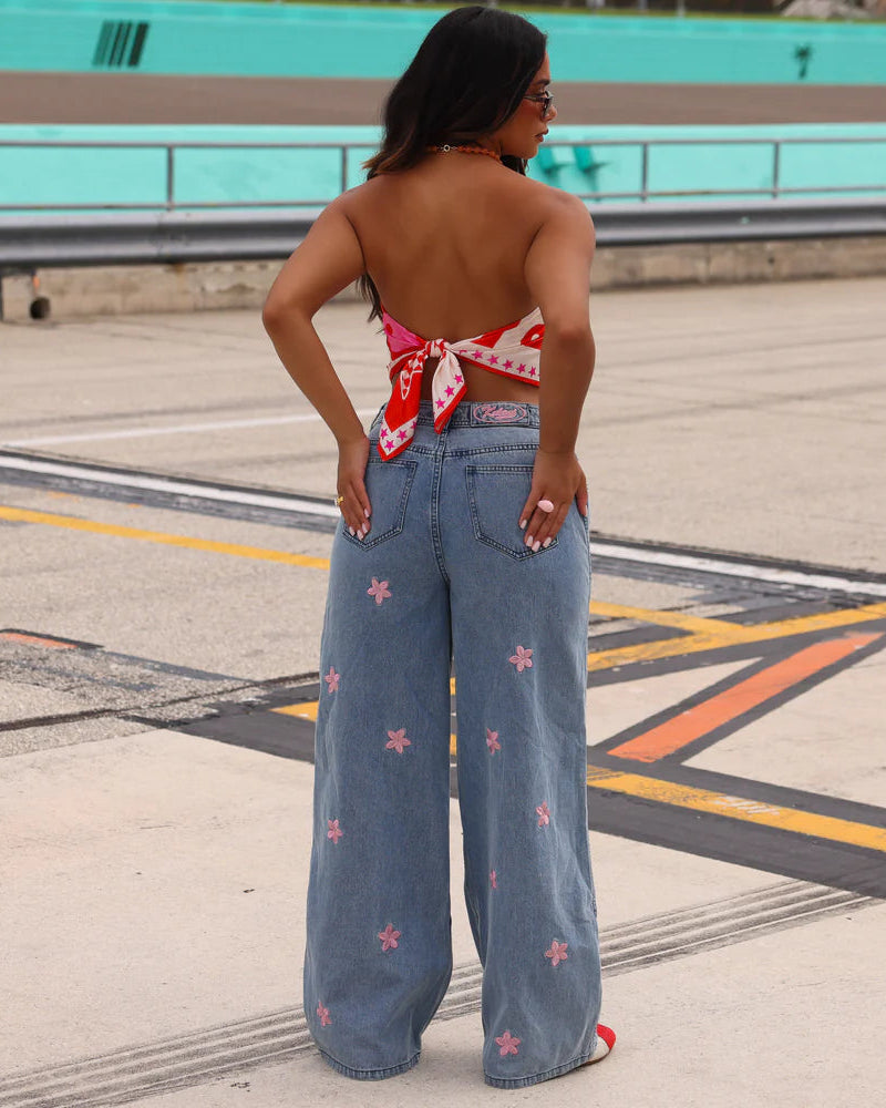 Straight Leg Embroidered Jean | Blossom Sky