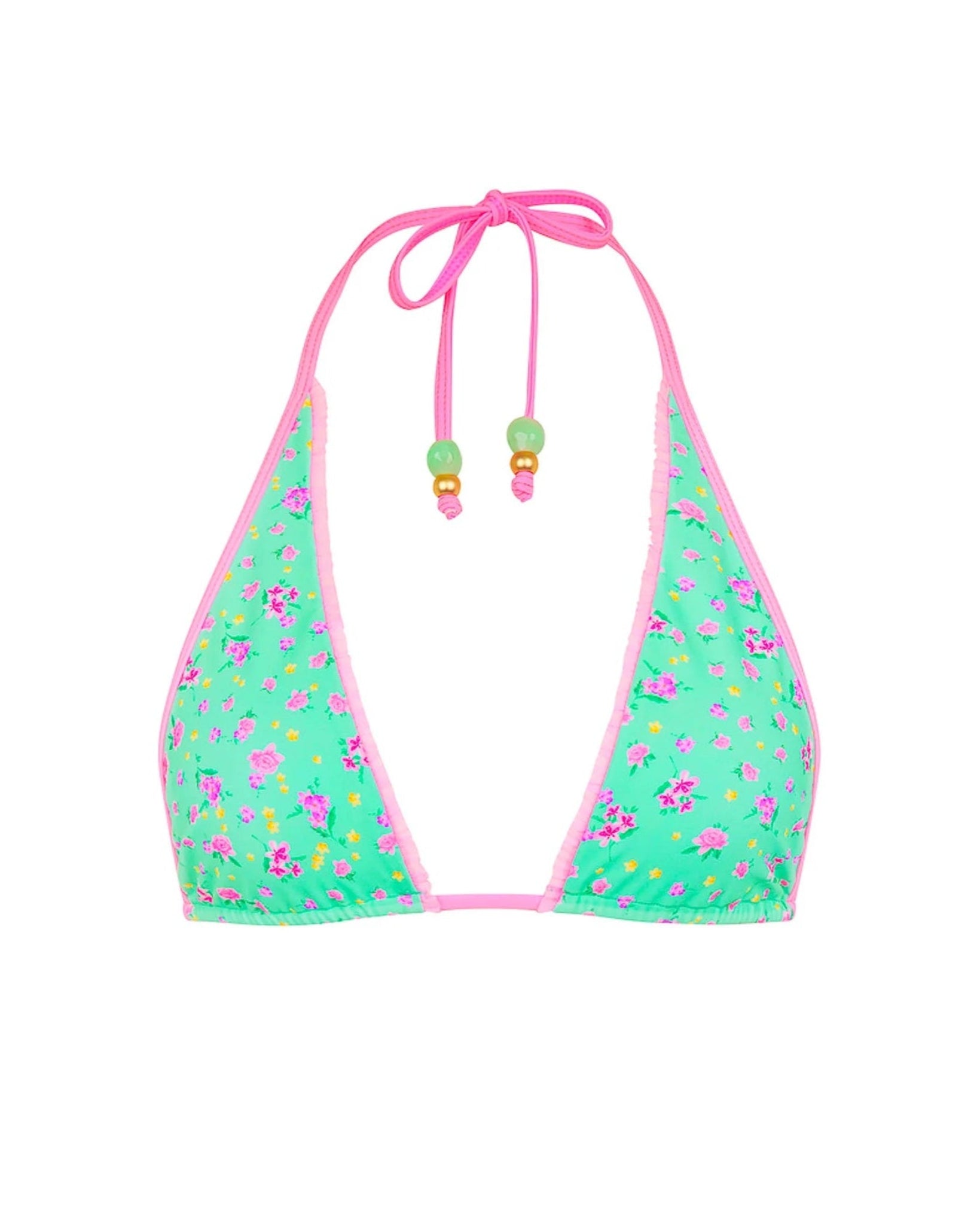 Green bikini top with pink straps and floral pattern on a white background