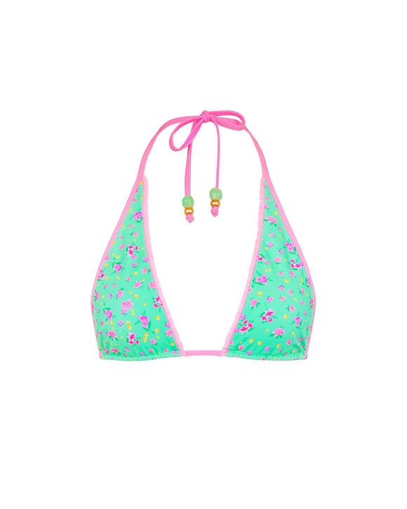 Green bikini top with pink straps and floral pattern on a white background