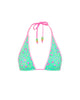 Green bikini top with pink straps and floral pattern on a white background