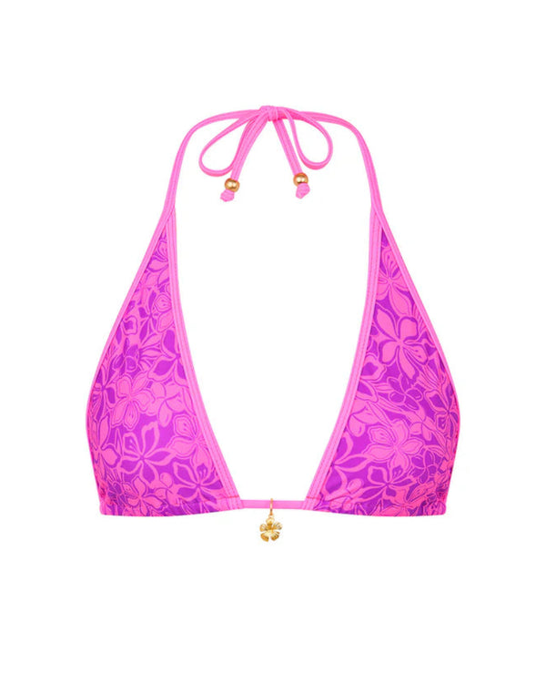 Pink floral bikini top on a white background