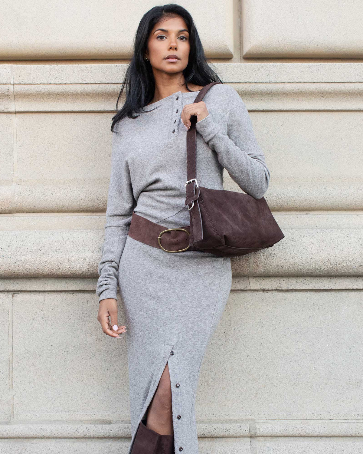 Valeria Camel Suede Shoulder Bag