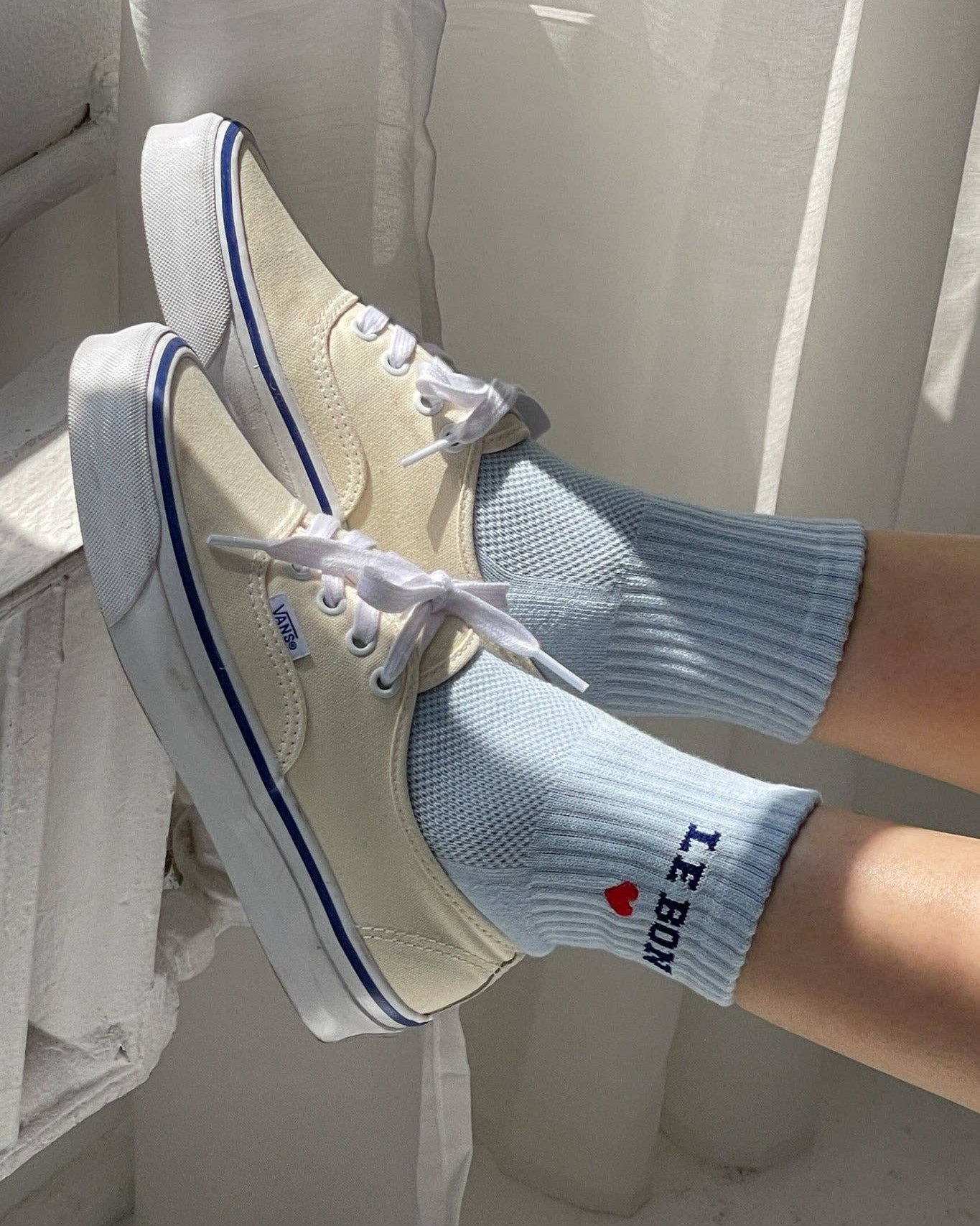 Embroidered Crew Socks in Sky Blue