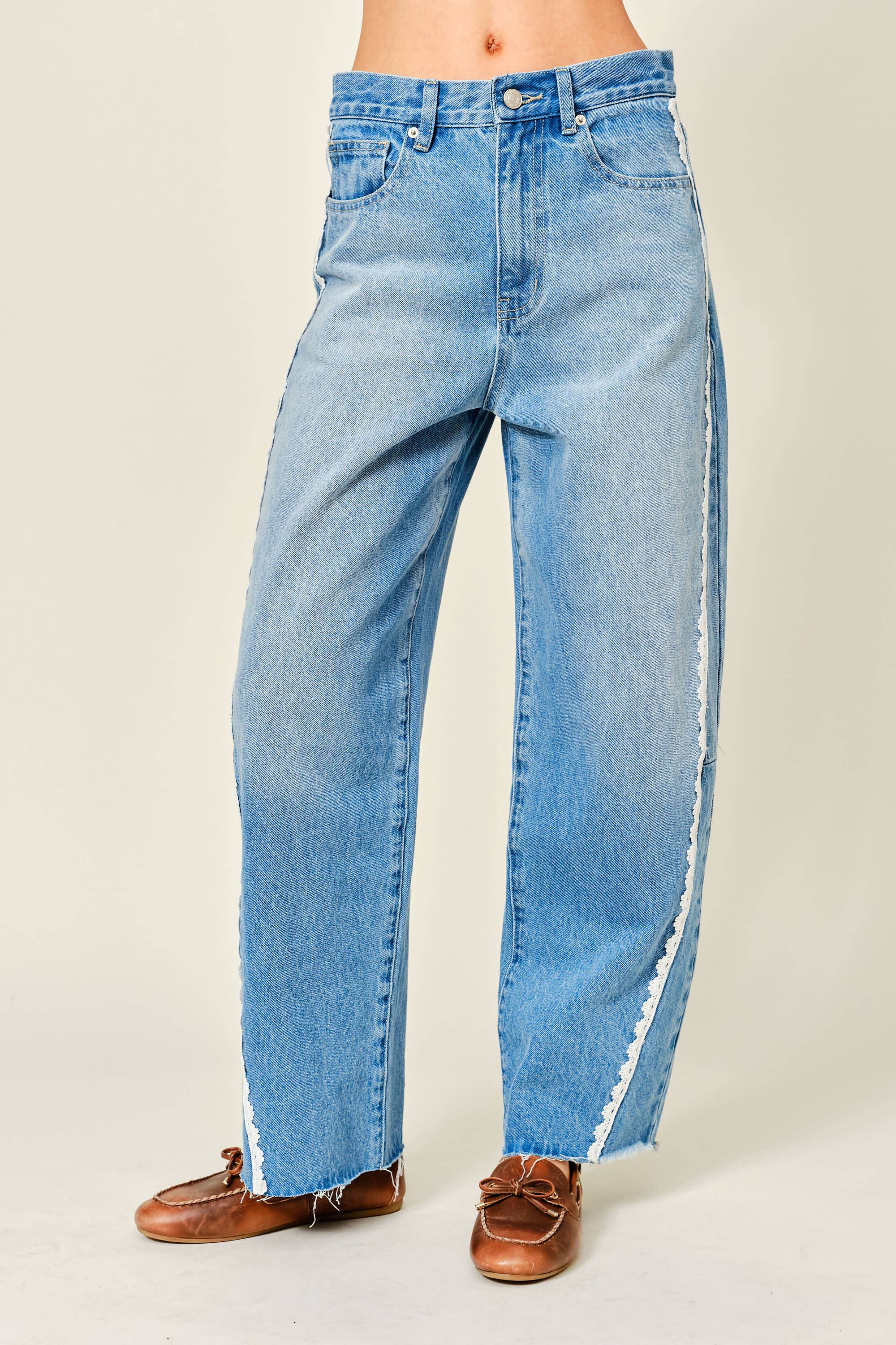 Lace Side Denim Barrel Pants