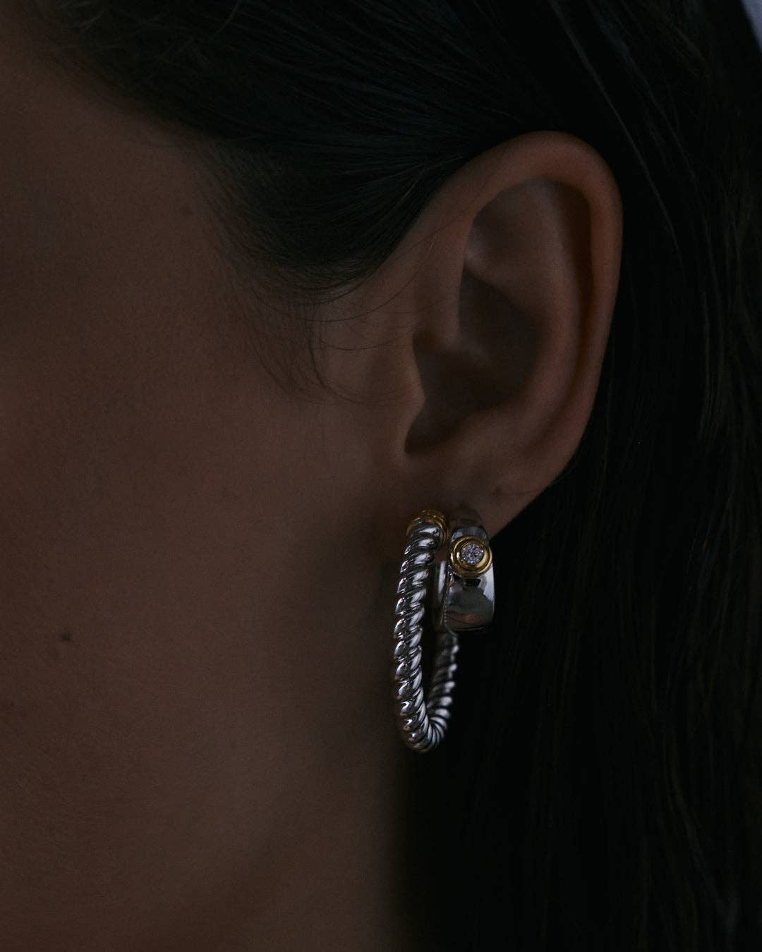 The Luna Bezel Hoops | Silver with Gold
