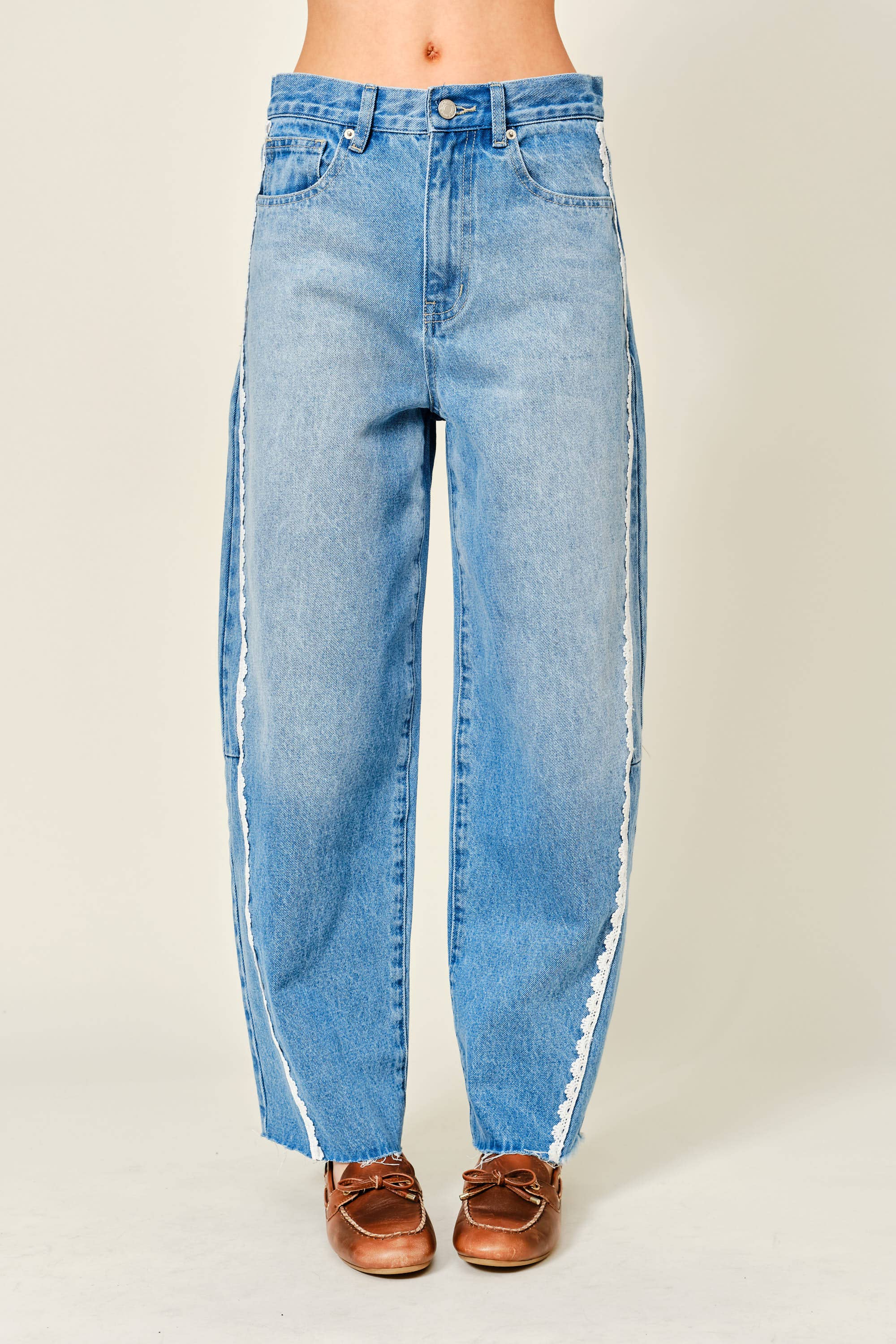 Lace Side Denim Barrel Pants
