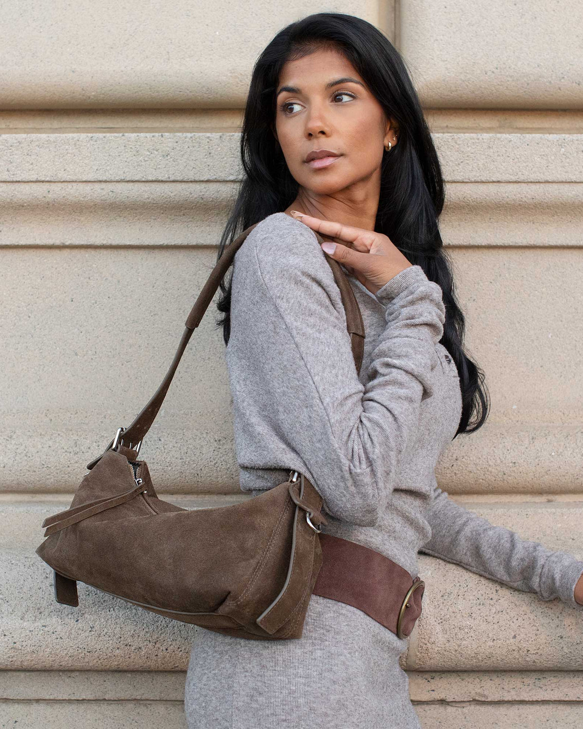 Valeria Camel Suede Shoulder Bag