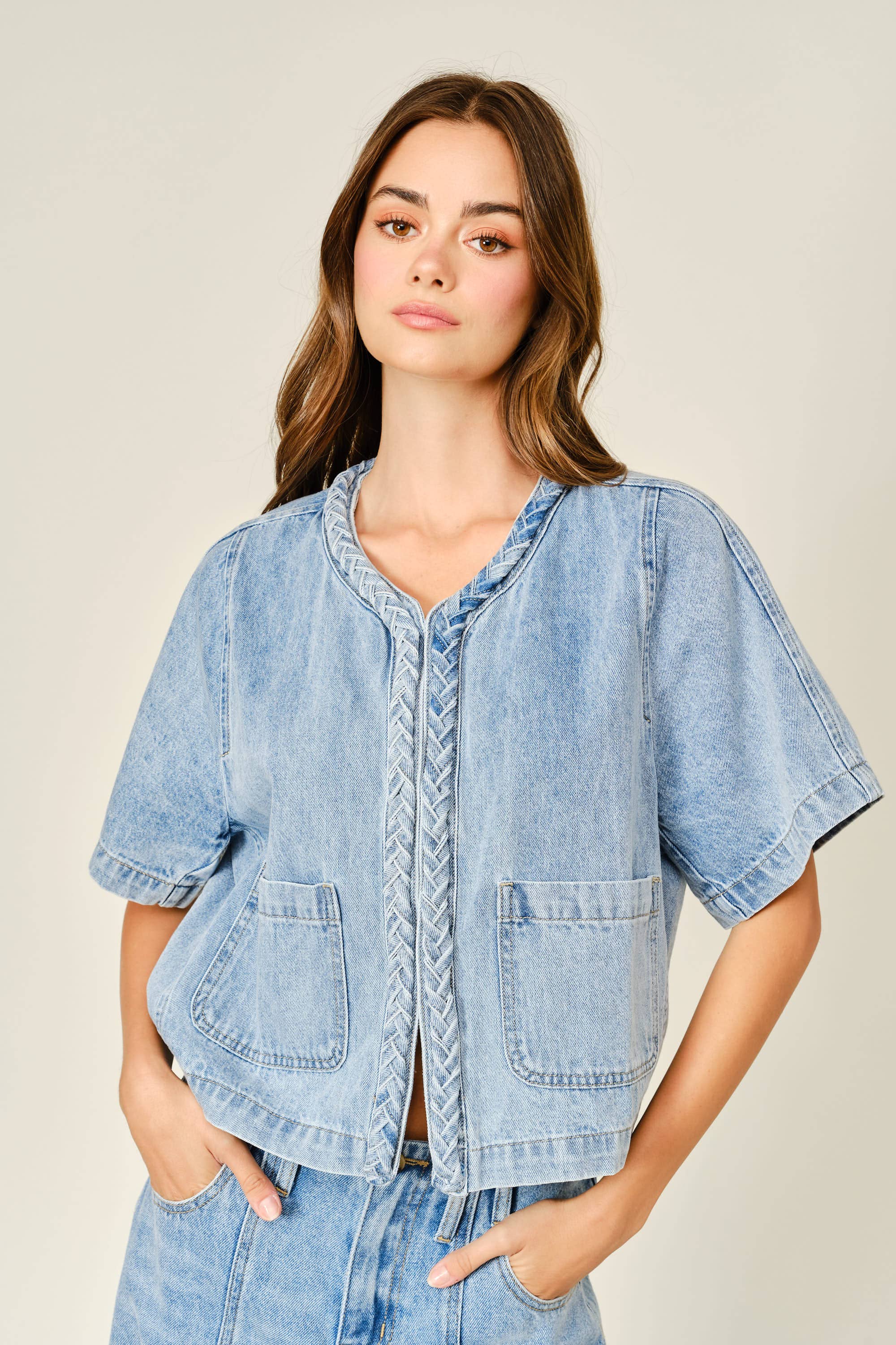 Braided Detail Denim Cardigan Top