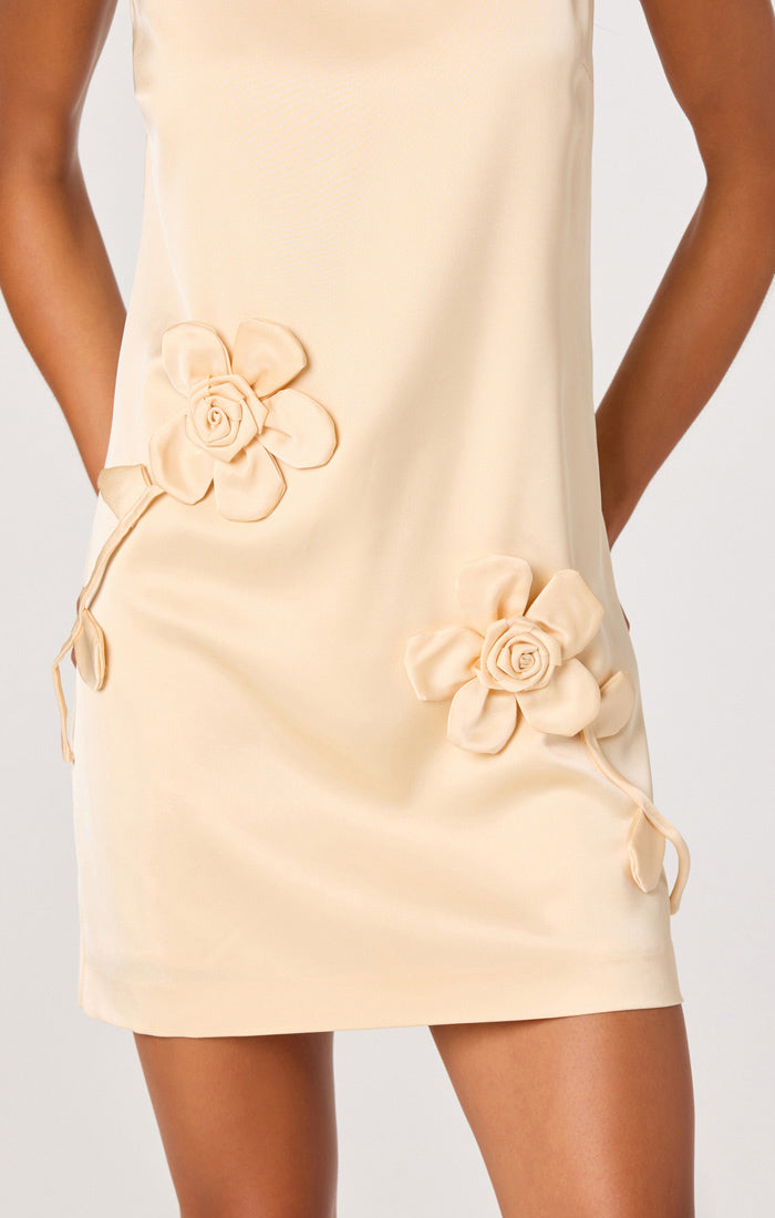 Marigold Satin 3D Floral Mini Dress | Vintage Cream